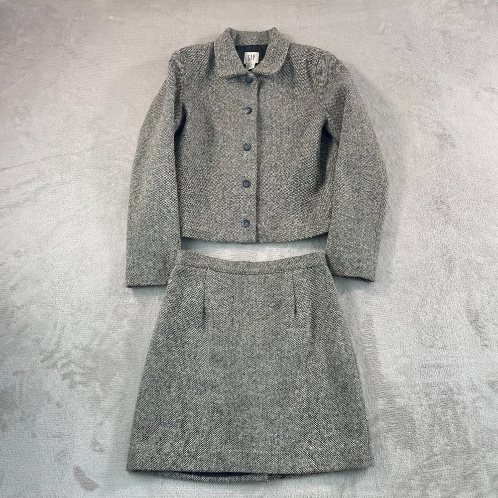 Vintage GAP Skirt & Jacket 2‎ Piece Set Women 4 Grey Wool Blend Pleated Tweed